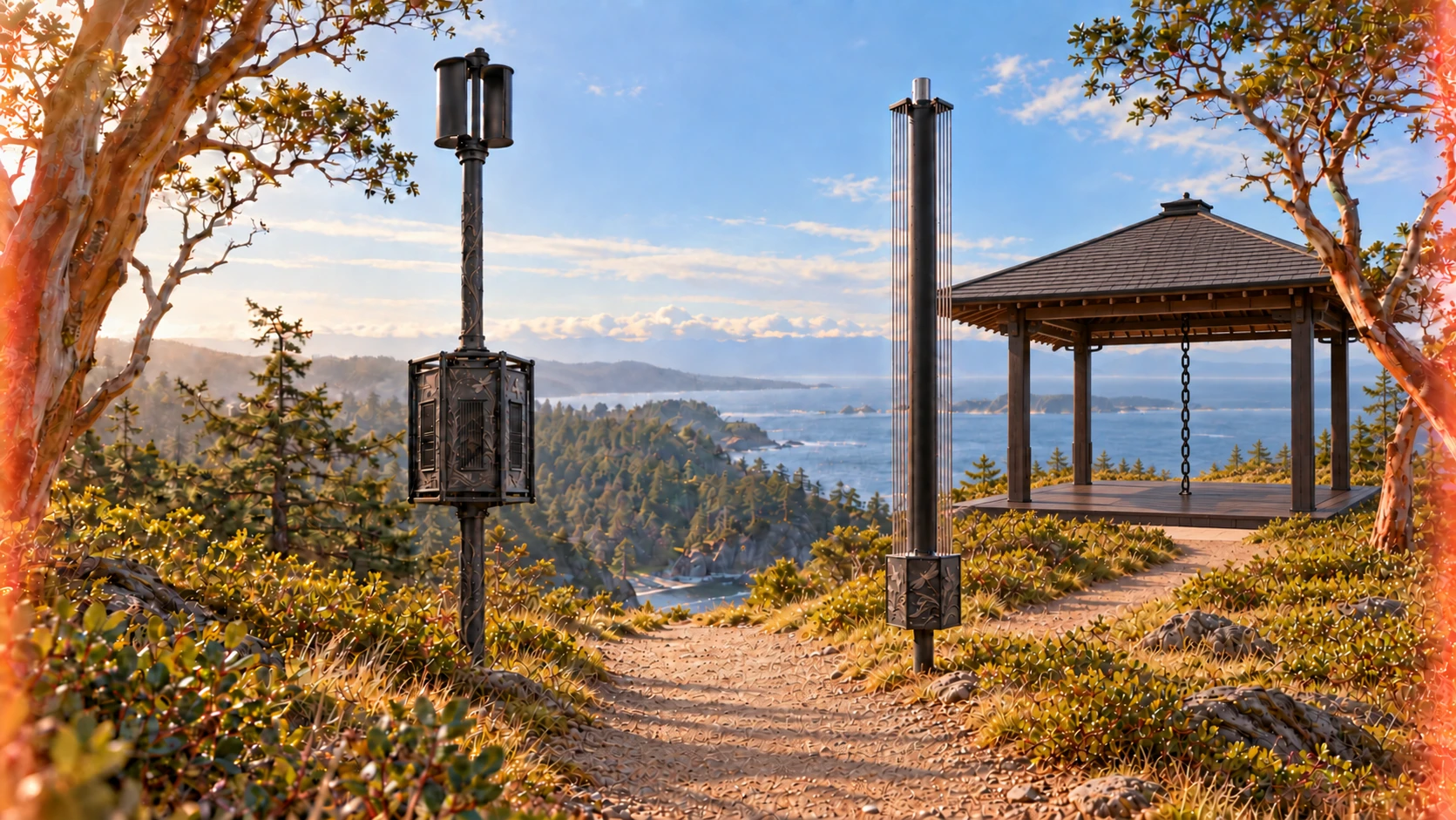 Stone path through coastal landscape and vertical wind-played poles