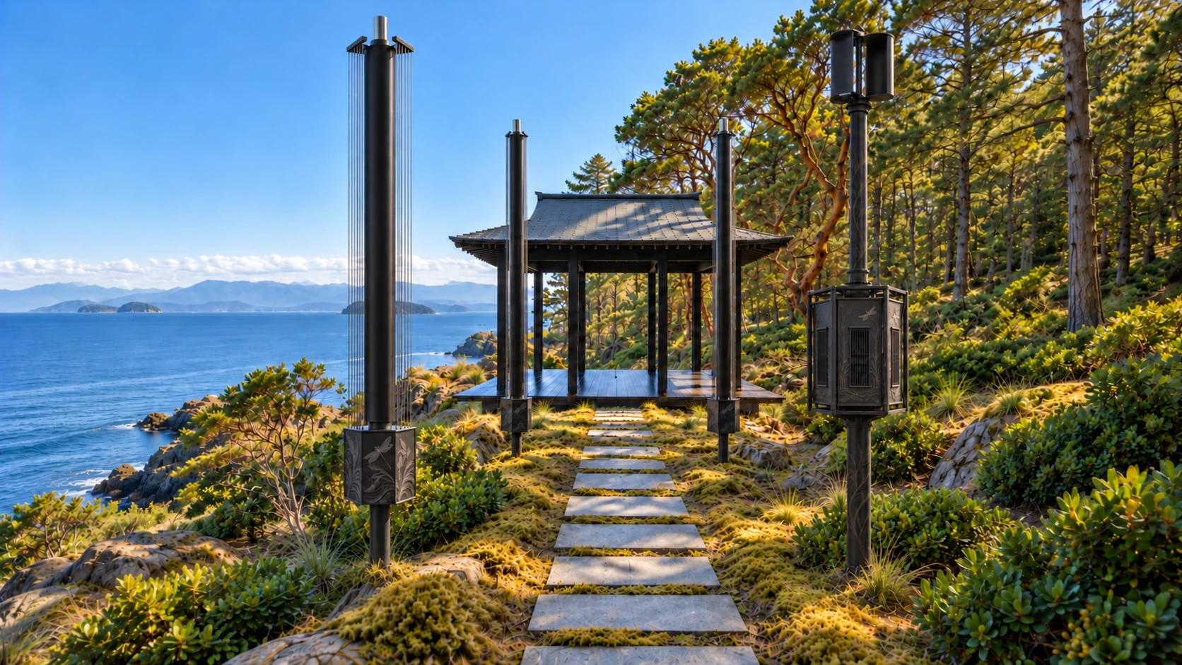 A coastal listening pavilion framed by wind-played poles
