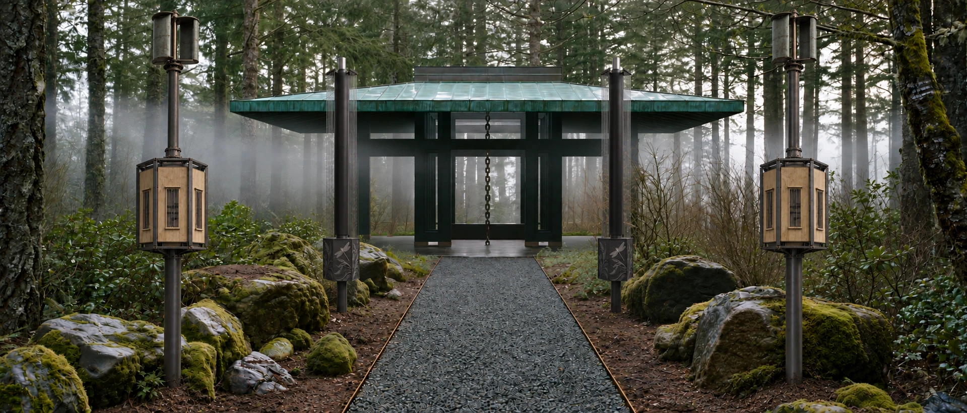 Updated garden pavilion concept with wind-driven strumming instruments