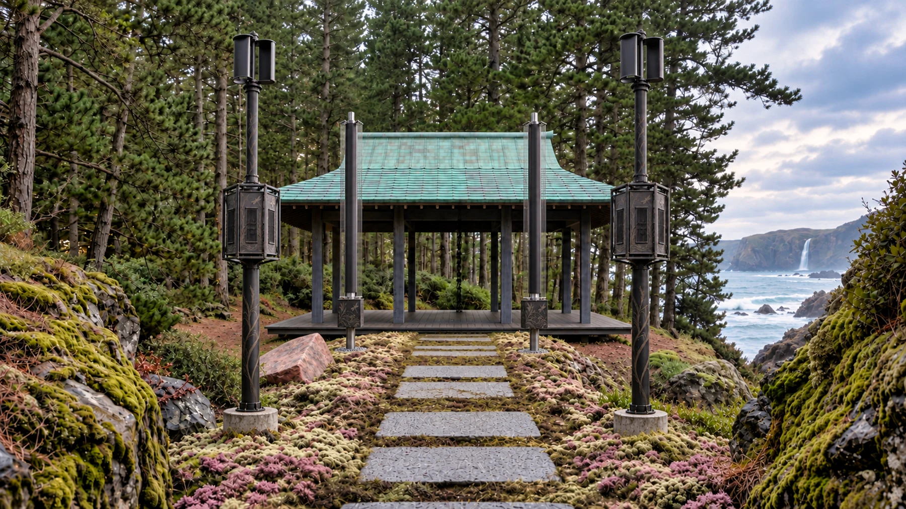 Coastal pavilion concept with wind instruments, a stone path, and evergreen trees overlooking the water.