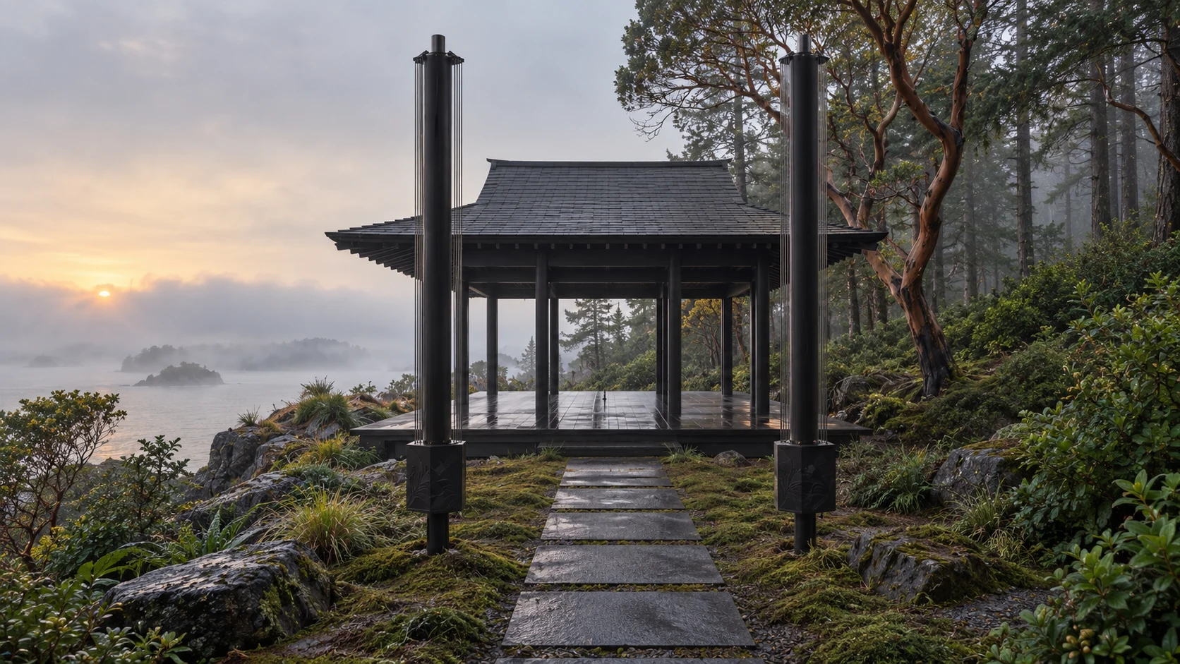 Pavilion concept at dusk, framed by tall aeolian harps and a wooded coastal slope.